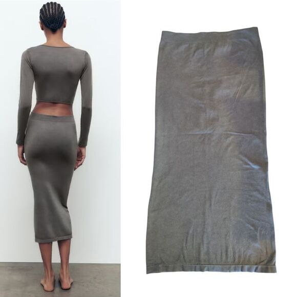 ZARA Dark Grey Seamless Fitted Tube Midi Skirt NWOT Size M/ L - Picture 6 of 12